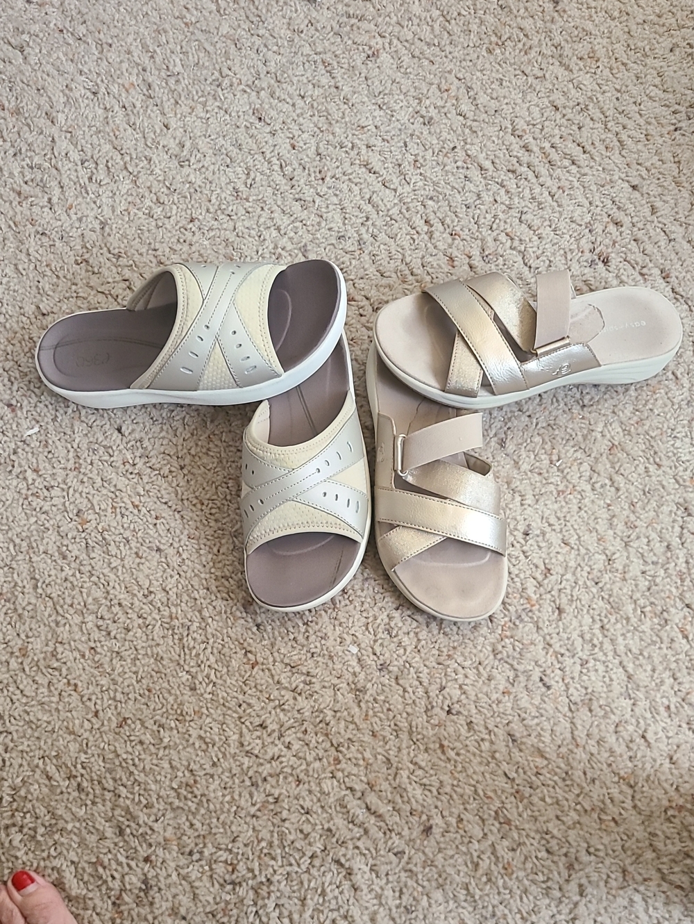 2 pairs Easy Spirit Cream Slip-On Sandals and light gold tone.